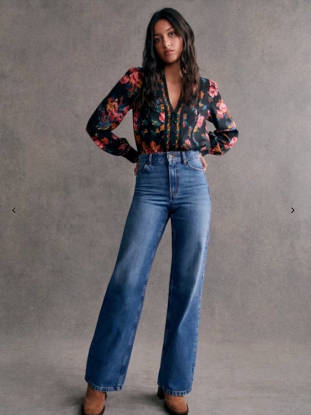 Sezane Black Floral Long-Sleeve V-Neck Blouse